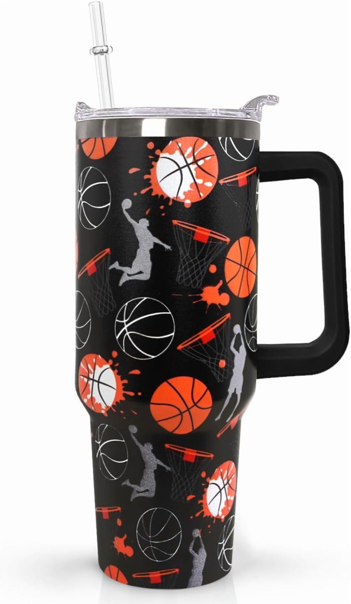 40 oz Basketball Coffee Mug Cup Vacuum Insulated Travel Tumbler with Handle Lid and Straw,Basketball Coach Gifts,Accessories Stuff