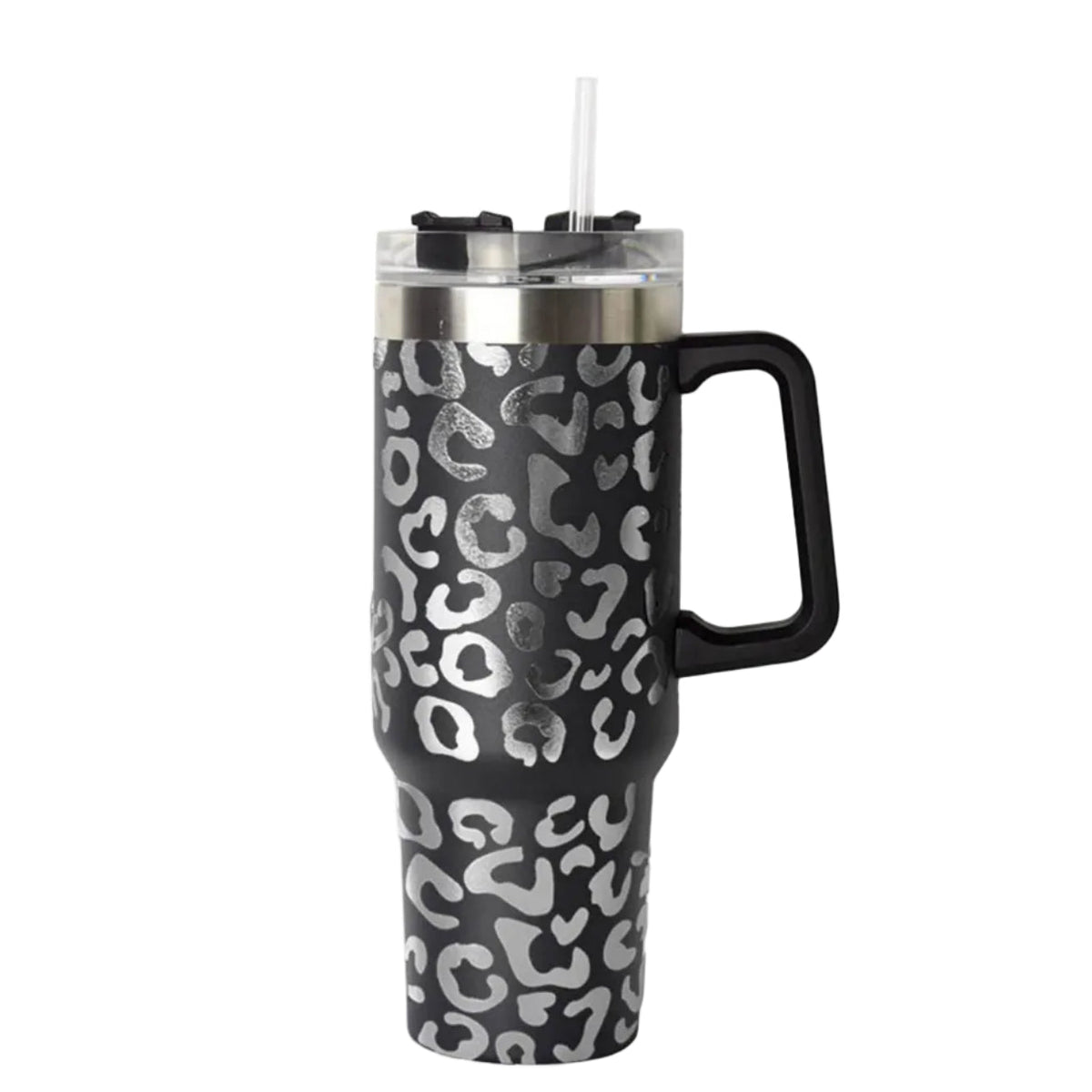 Lashicorn 40 Oz. Tumbler with Handle and Straw Black Leopard Silver 10 tall Cup lid included Insulated Stainless Steel Vacuum Travel Mug Boutique Cheetah Print