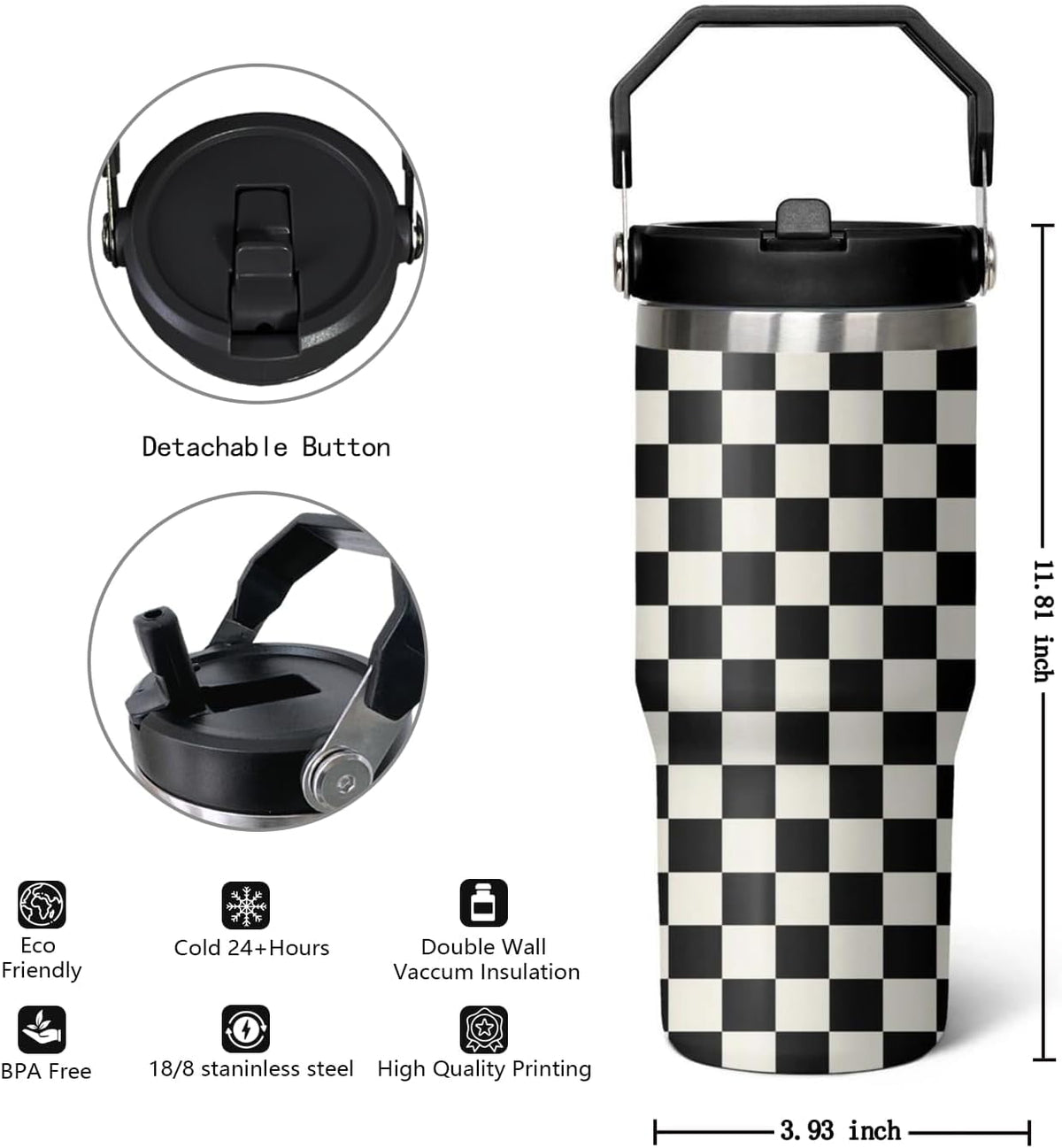 30 Oz Black and white Checkered FlipTumbler with Handle Lid and Straw, Checkered Tumbler Water Bottle Travel Coffee Cup Mug,Checkered Gifts for Women Men