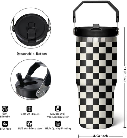 30 Oz Black and white Checkered FlipTumbler with Handle Lid and Straw, Checkered Tumbler Water Bottle Travel Coffee Cup Mug,Checkered Gifts for Women Men