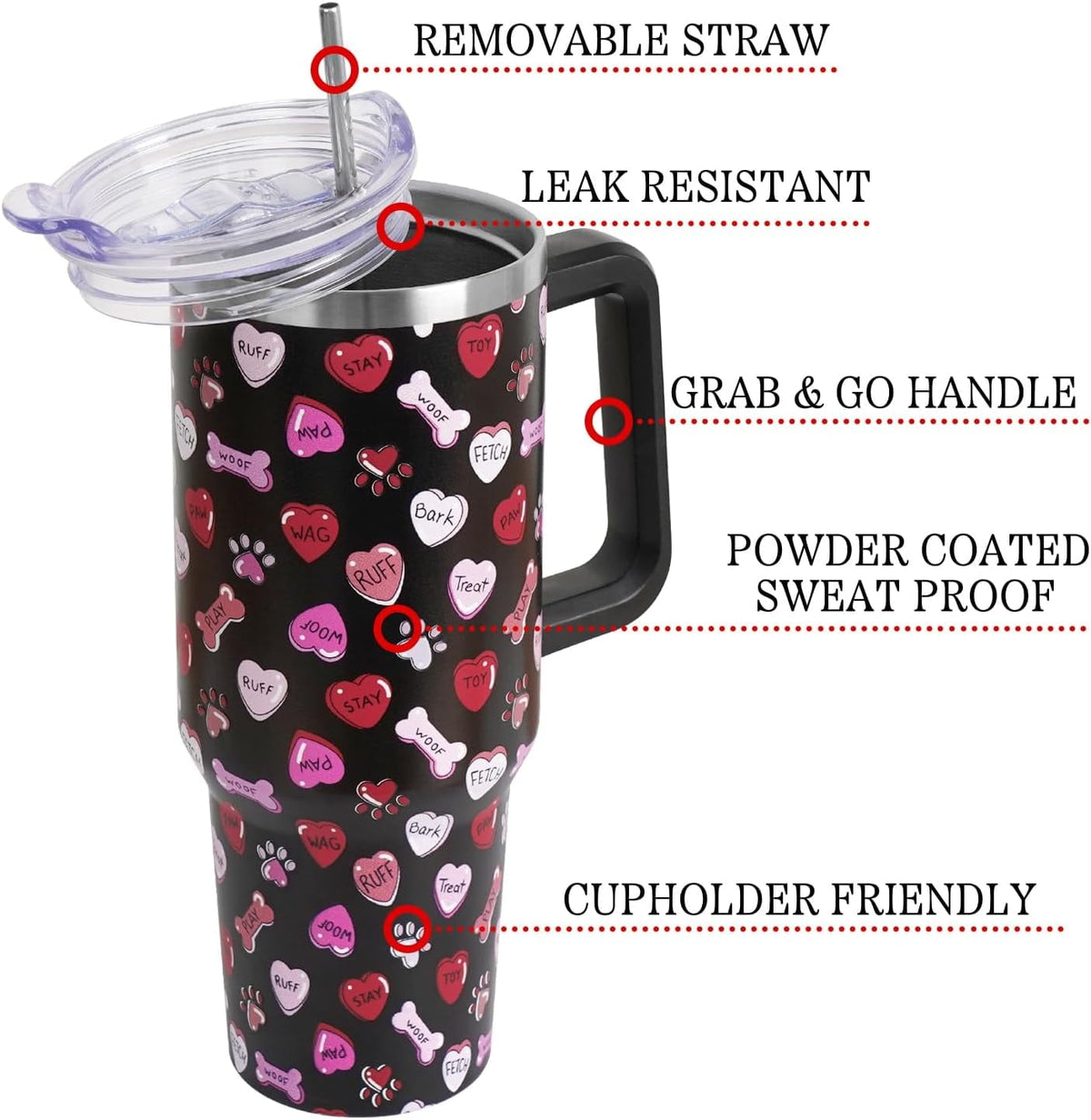 Valentines Day Gifts 40 oz Tumbler with Handle and Straw Lid,Valentine''s Day Gift for Her Women Girlfriend Wife Dog Bones and Candy Hearts Vacuum Insulated Leak Proof Stainless Steel Coffee Cup Mug