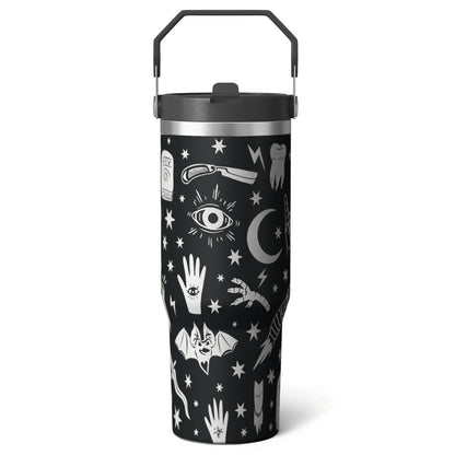 1pc Halloween Skull 30oz Tumbler with Straw & Handle - Insulated - Reusable Stainless Steel Cup