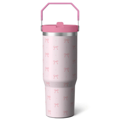 1pc Blue bow 30oz Tumbler with Straw & Handle - Insulated - Reusable Stainless Steel Cup