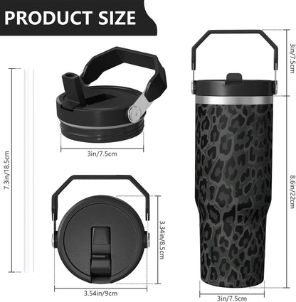 30oz Insulated Leopard Tumbler with Handle,Featuring a Leak-proof 2-in-1 Lid and Straw,a Vacuum-insulated Travel Coffee Mug,Portable Stainless Steel Water Bottle,Suitable for Both Women and Men