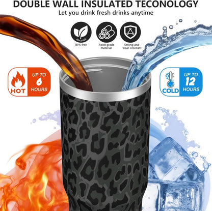 30oz Insulated Leopard Tumbler with Handle,Featuring a Leak-proof 2-in-1 Lid and Straw,a Vacuum-insulated Travel Coffee Mug,Portable Stainless Steel Water Bottle,Suitable for Both Women and Men