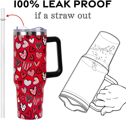 Valentines Day Gifts 40 oz Tumbler with Handle and Straw Lid,Cute Valentine''s Day Gift for Her Women Girlfriend Wife Red Love Hearts Vacuum Insulated Leak Proof Stainless Steel Coffee Cup Mug