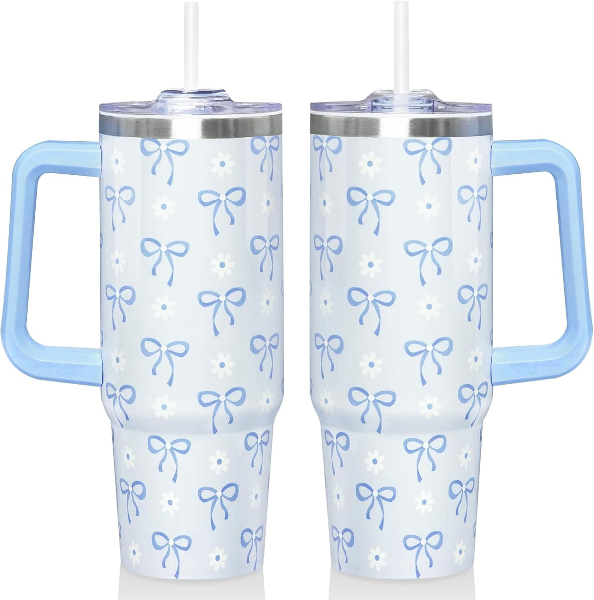 30 Oz Blue Bow Tumbler with Handle and Straw, Insulated Stainless Steel Coffee Travel Cup Mug Water Bottle, Blue Bow Themed Gifts for Women Teen Girl