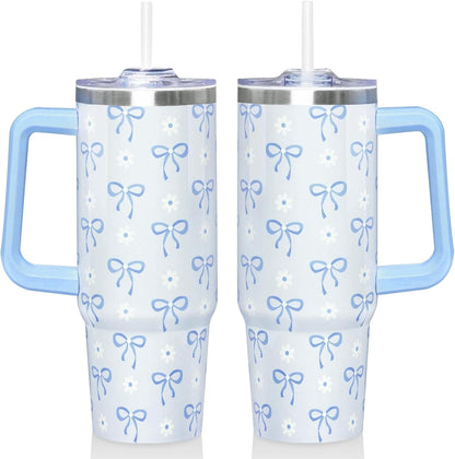30 Oz Blue Bow Tumbler with Handle and Straw, Insulated Stainless Steel Coffee Travel Cup Mug Water Bottle, Blue Bow Themed Gifts for Women Teen Girl