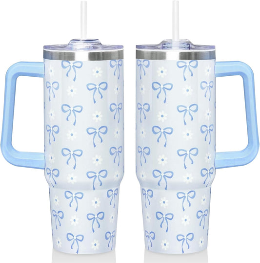 30 Oz Blue Bow Tumbler with Handle and Straw, Insulated Stainless Steel Coffee Travel Cup Mug Water Bottle, Blue Bow Themed Gifts for Women Teen Girl