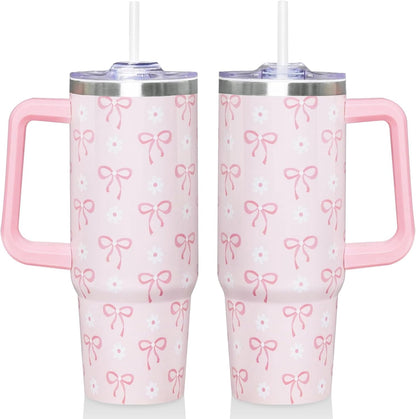 30 Oz Blue Bow Tumbler with Handle and Straw, Insulated Stainless - Insulated Travel Coffee Mug