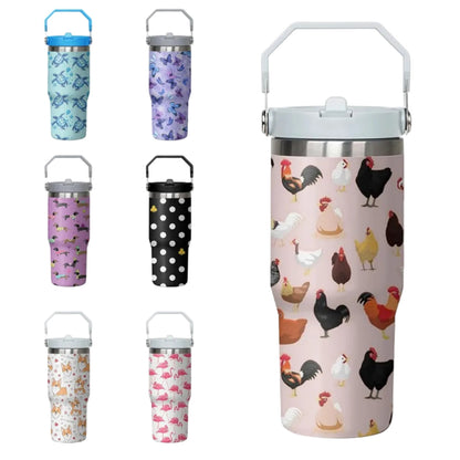 30 oz Chicken Tumbler with Handle and Flip Straw, Stainless Steel Double Insulated Cup with Lid and Straw, Travel Coffee Mug Water Bottle,Christmas Birthday Mothers Day Gifts for Women Animal Lovers