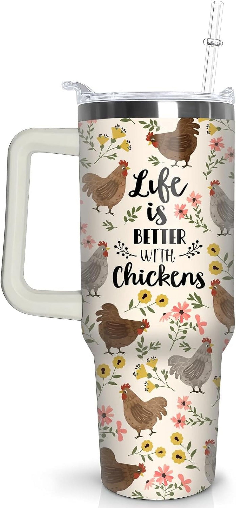 30 oz Chicken Tumbler with Handle and Straw, Floral Rooster Stainless Steel Vacuum Insulated Travel Coffee Mug Cup Water Bottle, Chicken Stuff Accessories Decor, Rooster Gifts for Women Girls
