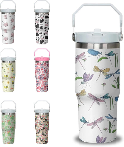 30 oz Chicken Tumbler with Handle and Flip Straw, Stainless Steel - Reusable Stainless Steel Cup