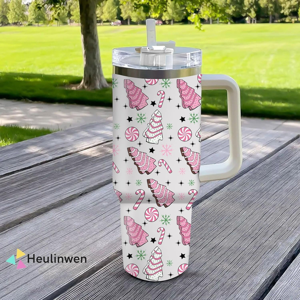 Pink Christmas Tree Cakes Stainless Steel Tumbler 40Oz With Handle Insulated Tumbler Holiday Coffee Travel Mug for Tea, Latte, Hot Chocolate Seasonal Xmas Gifts for Women Men Coworker or Friends