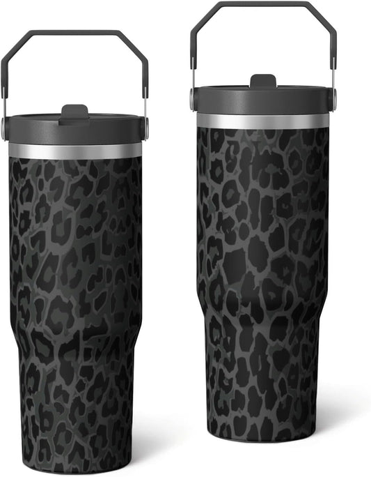 30oz Insulated Leopard Tumbler with Handle,Featuring a Leak-proof 2-in-1 Lid and Straw,a Vacuum-insulated Travel Coffee Mug,Portable Stainless Steel Water Bottle,Suitable for Both Women and Men