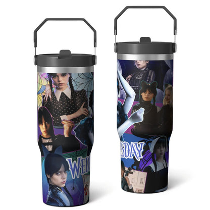 30oz Wednesday Girl Stainless Steel Tumbler with Lid and Straw,Wednesday Stuff - Reusable Stainless Steel Cup