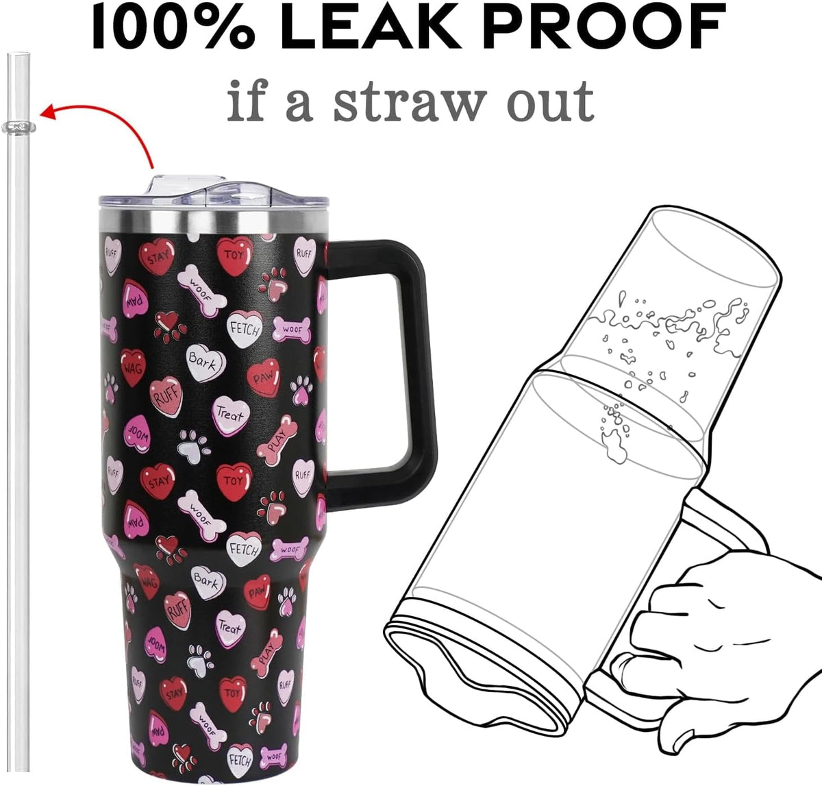 Valentines Day Gifts 40 oz Tumbler with Handle and Straw Lid,Valentine''s Day Gift for Her Women Girlfriend Wife Dog Bones and Candy Hearts Vacuum Insulated Leak Proof Stainless Steel Coffee Cup Mug
