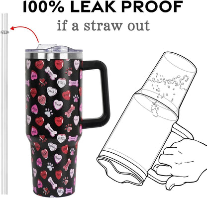 Valentines Day Gifts 40 oz Tumbler with Handle and Straw Lid,Valentine''s Day Gift for Her Women Girlfriend Wife Dog Bones and Candy Hearts Vacuum Insulated Leak Proof Stainless Steel Coffee Cup Mug
