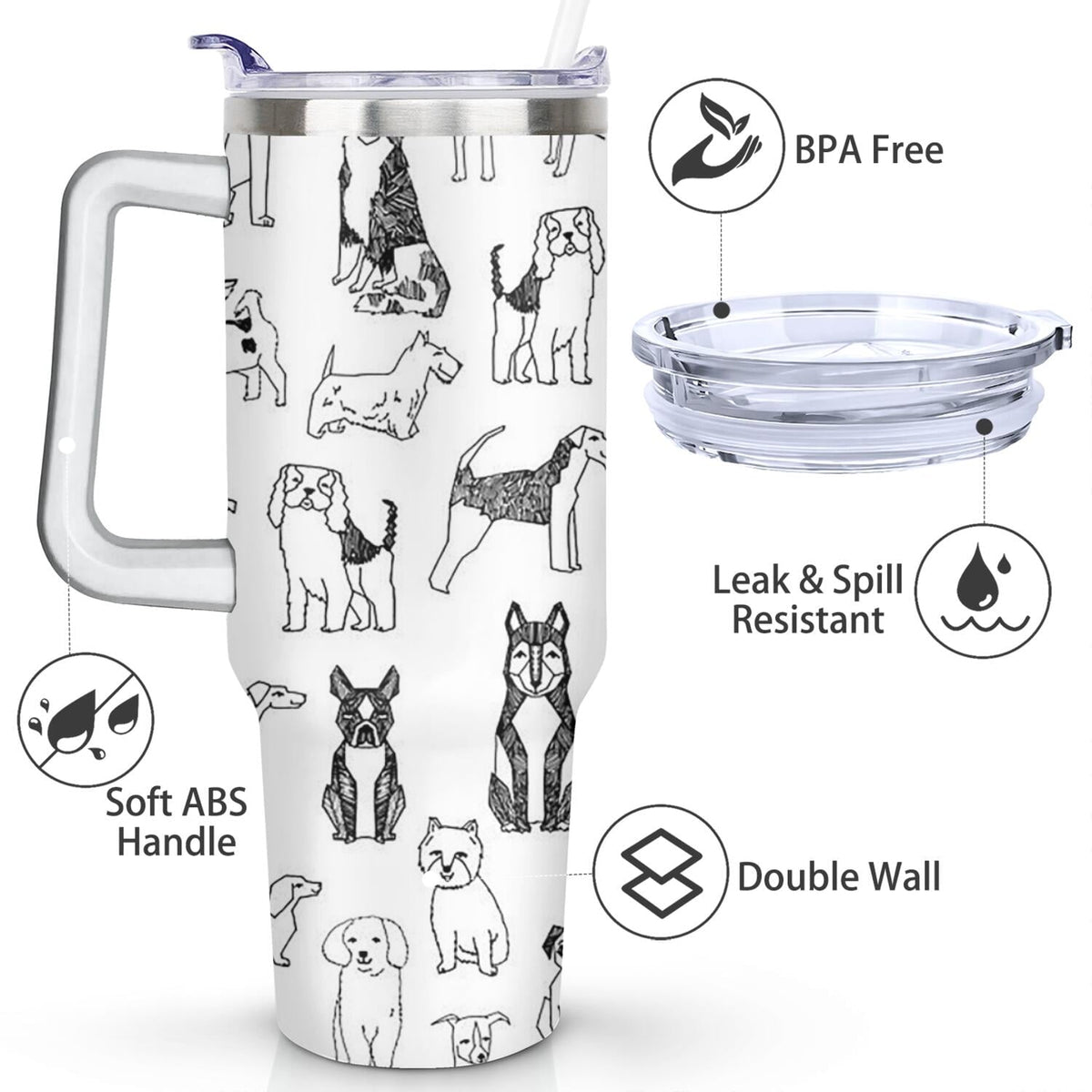 Gift for Dog Lovers Cute Dog Tumbler for Women - 40oz Dog Tumblers with Handle Straw and Lid Tumbler Cup Travel Coffee Mug