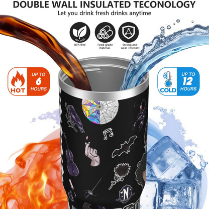 30oz Wednesday Girl Stainless Steel Tumbler with Lid and Straw,Wednesday Stuff Merchandise Spill Proof Travel Cup Double Wall Vacuum Insulated Coffee Mug with Top Handle Black