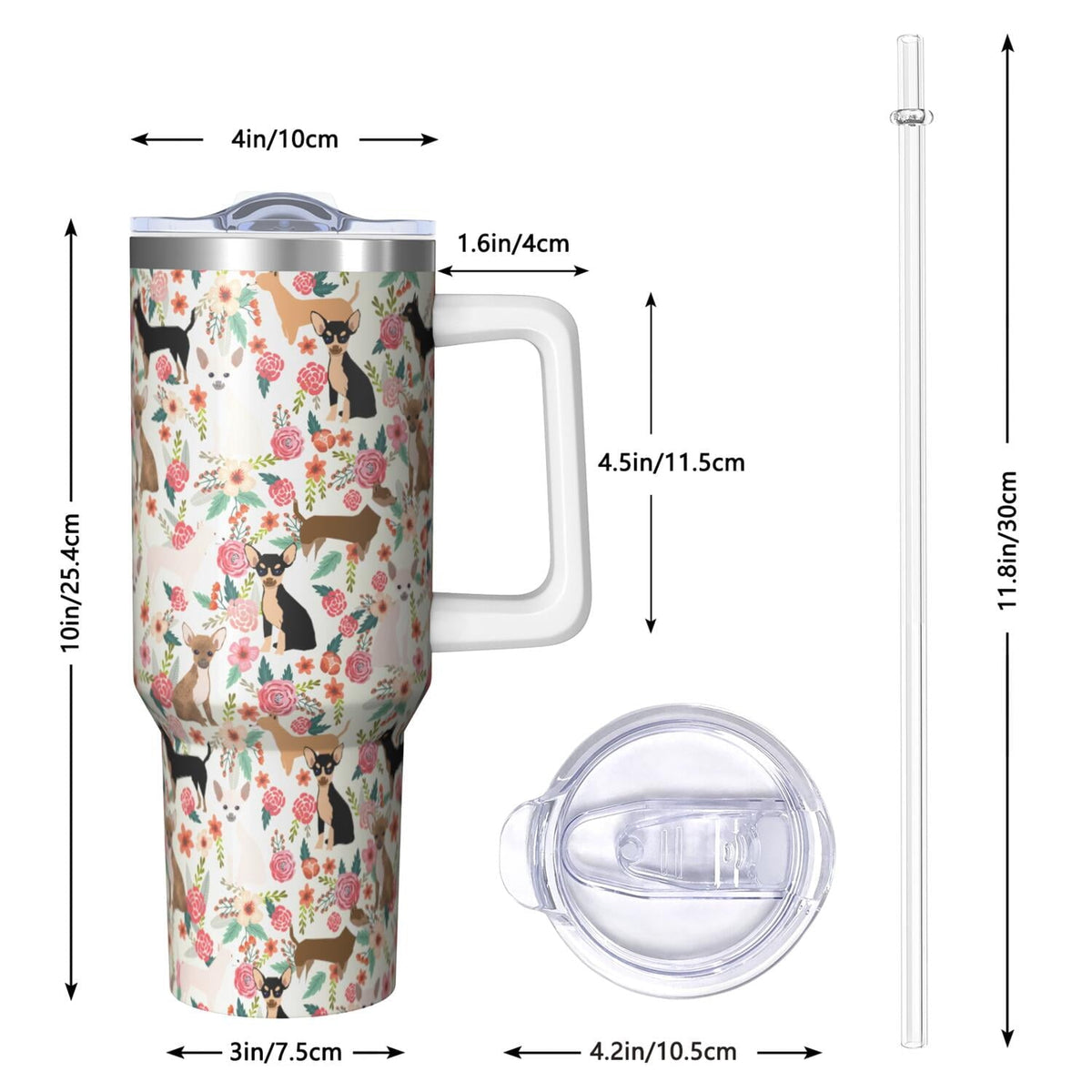 Dog Lover’s Travel Mug – 40oz Double Wall Stainless Steel Tumbler with Handle, Spill Proof Lid and Coffee Straw