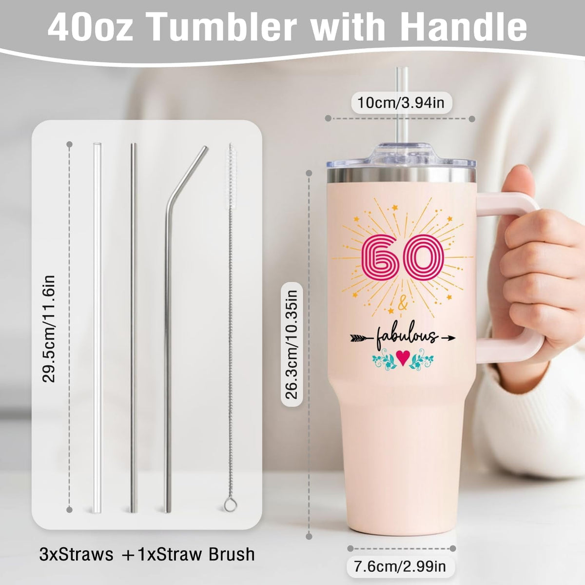 60th Birthday Gifts for Women Her, 1966 60th Birthday Decorations for Woman, Turning 60 Year Old Gifts For Women Mom Wife Grandma, 60 th Birthday Ideas, 40oz Tumbler Cup