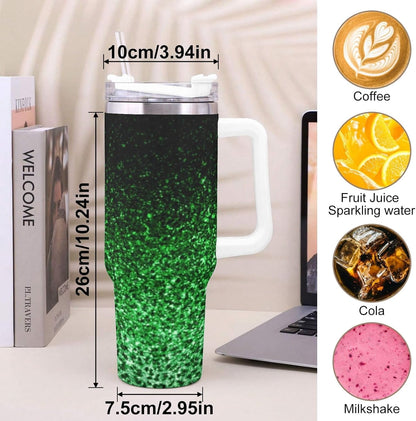 Ombre Leopard Glitter 40 oz Insulated Double Wall Stainless Steel Tumbler with Handle and Straw, Lid, Large Travel Mug Fits in Cup Holder, Cup Gift for Women(Green)