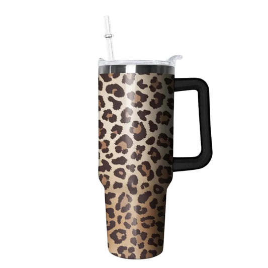 40oz Tumbler with Handle - Leopard Print Stainless Steel Travel Mug, Insulated Water Bottle for Coffee & Drinks - Gift for Women, Cheetah Decor