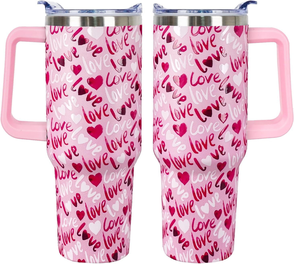 40 Oz Valentines Day Tumbler 3d-Printed Pink Love Tumbler Gifts for Couple Women Men Insulated Travel Cup with Handle Lid and Straw