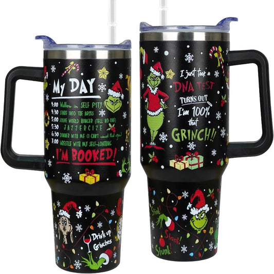 40 oz Christmas Tumbler with Handle Gifts for Girls Daughter Women, Christmas Stainless Steel Insulated Coffee Cups Tumblers with Lids and Straws, Black