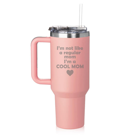 40 oz Tumbler with Handle and Straw Lid Stainless Steel Insulated Travel Mug Cup I'm not a regular mom I'm a cool mom (Pink)