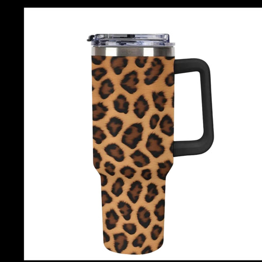 40oz Insulated Stainless Steel Tumbler with Handle, Abstract Brown Leopard Print Leakproof Water Bottles Travel Mug with Lid And Straw for Water, Iced Tea Or Coffee for Most Car Cup Holder