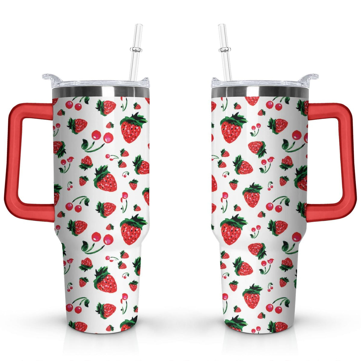 40oz Red Cherry Fruit Pattern Stainless Steel Flip Straw Tumbler Spill - Reusable Stainless Steel Cup