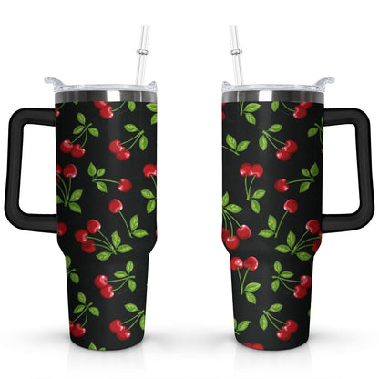 40oz Red Cherry Fruit Pattern Stainless Steel Flip Straw Tumbler Spill Proof Travel Cup Double Wall Vacuum Insulated Coffee Mug with Top Handle