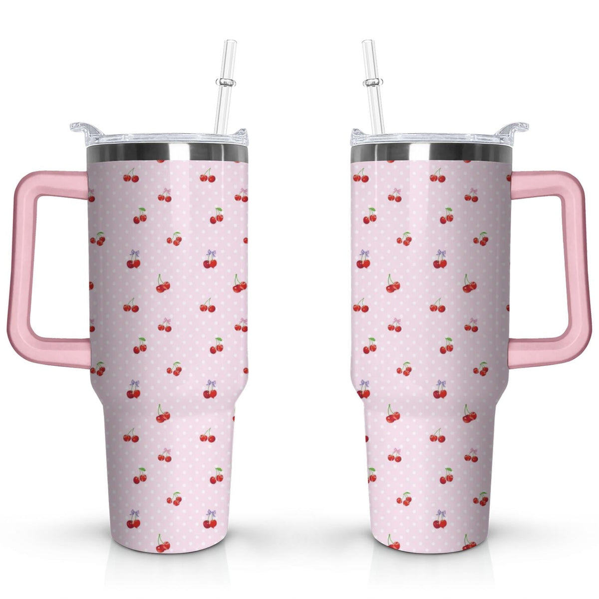 40oz Red Cherry Fruit Pattern Stainless Steel Flip Straw Tumbler Spill - Reusable Stainless Steel Cup