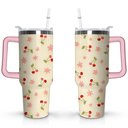 40oz Red Cherry Fruit Pattern Stainless Steel Flip Straw Tumbler Spill - Reusable Stainless Steel Cup