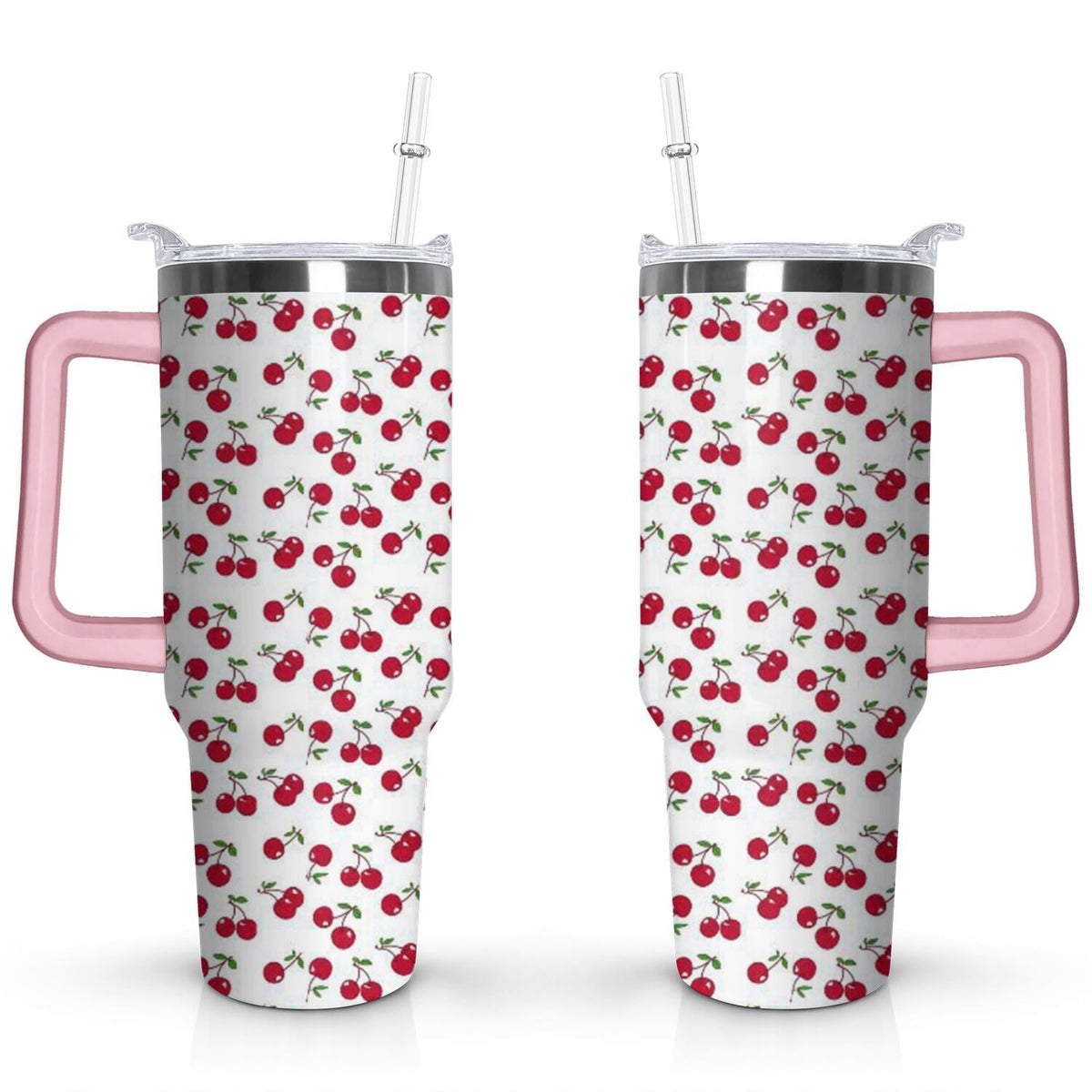 40oz Red Cherry Fruit Pattern Stainless Steel Flip Straw Tumbler Spill - Reusable Stainless Steel Cup