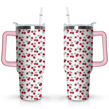 40oz Red Cherry Fruit Pattern Stainless Steel Flip Straw Tumbler Spill - Reusable Stainless Steel Cup