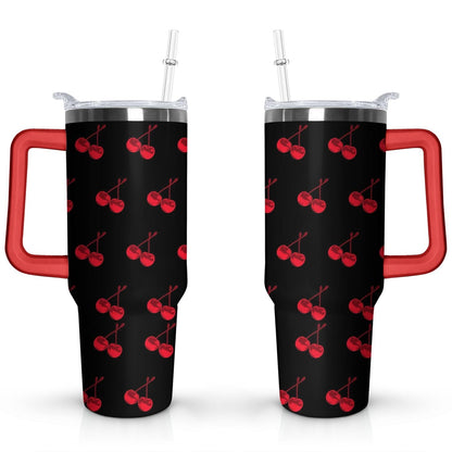 40oz Red Cherry Fruit Pattern Stainless Steel Flip Straw Tumbler Spill - Reusable Stainless Steel Cup