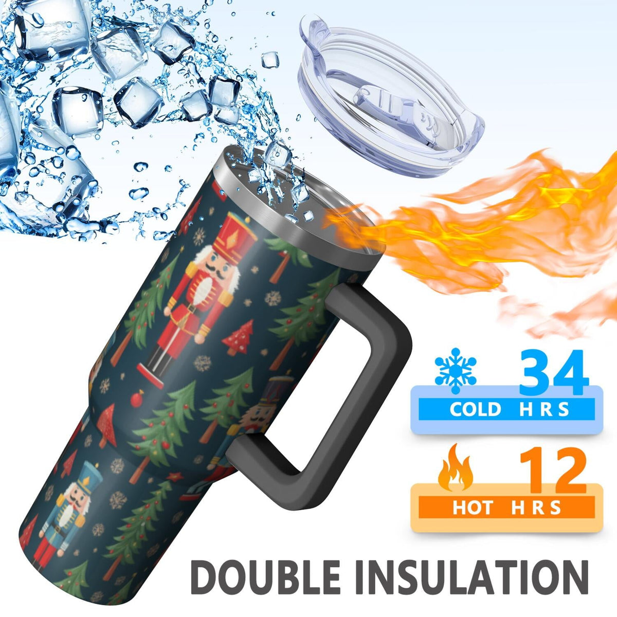 1pc nutcracker 40oz Tumbler with Straw & Handle - Insulated Stainless Steel Cup | Holiday Gift for Man Women (Christmas, Valentine's, Birthday)