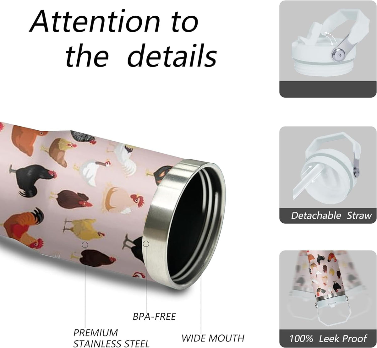 30 oz Chicken Tumbler with Handle and Flip Straw, Stainless Steel Double Insulated Cup with Lid and Straw, Travel Coffee Mug Water Bottle,Christmas Birthday Mothers Day Gifts for Women Animal Lovers