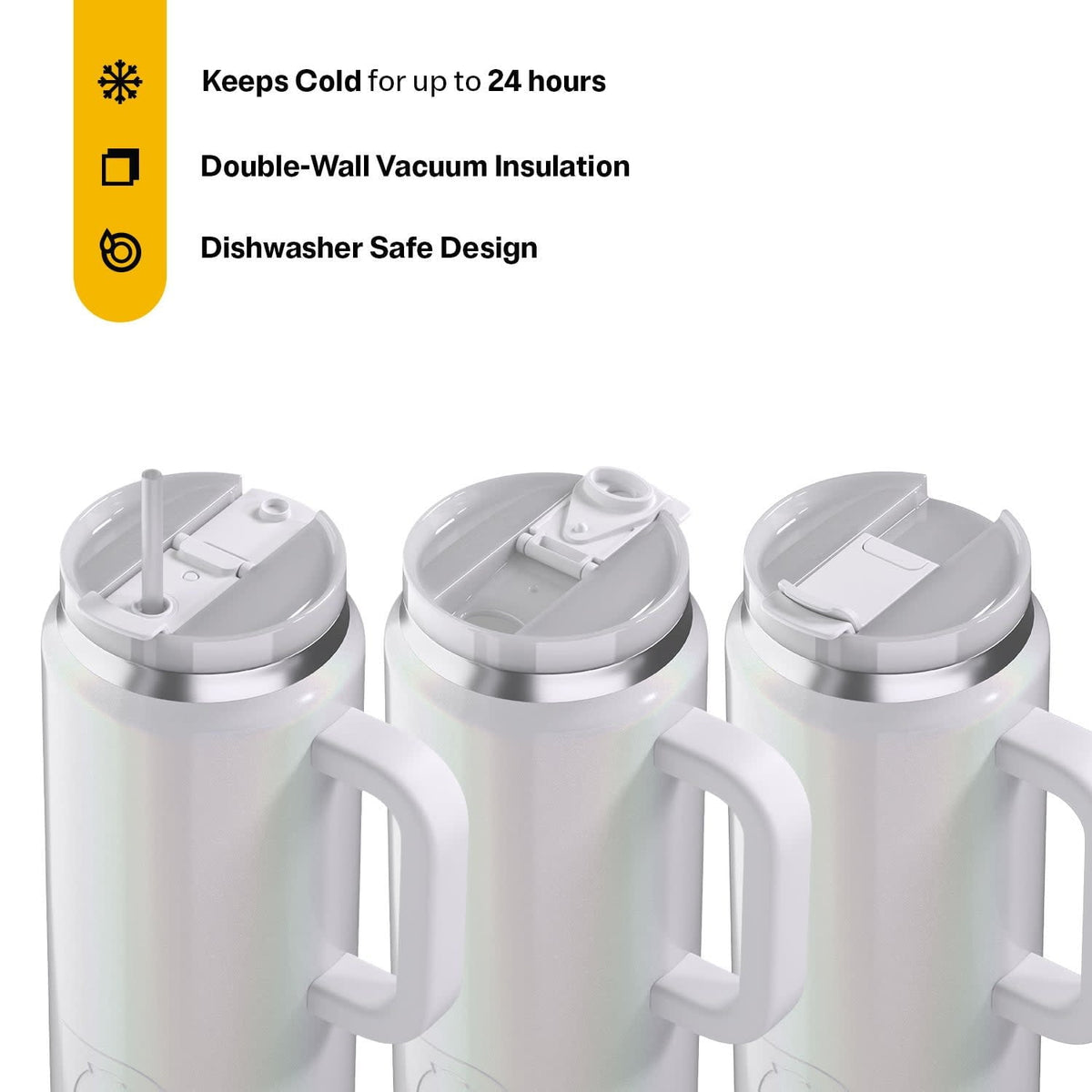 RTIC 64 oz Ceramic Lined Road Trip Tumbler with Handle and Leak-Resistant Straw Lid, White Glitter