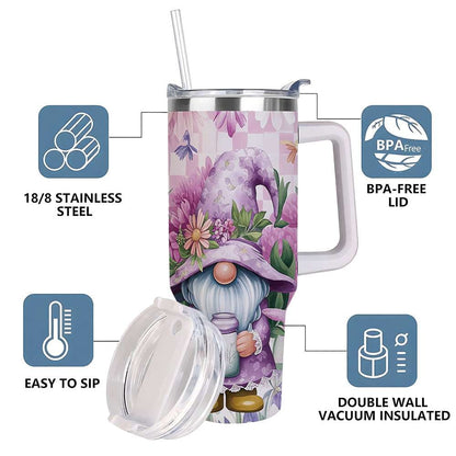 Purple Floral Gnome Stainless Steel Tumbler with Handle and Straw, Insulated Travel Mug for Women, Cute Spring Flower Cup Gift