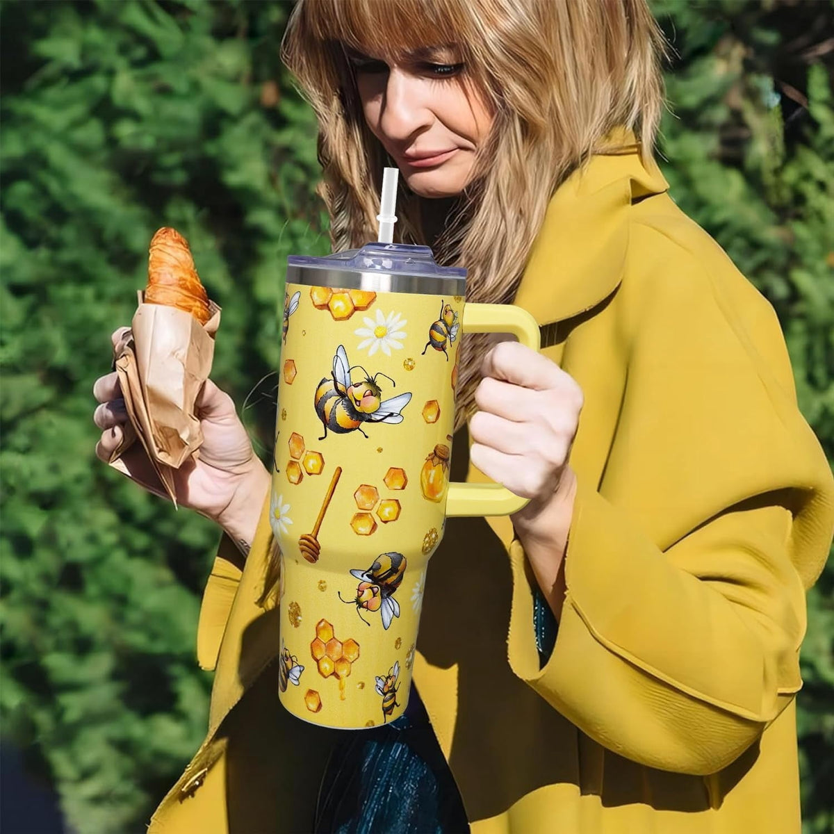 40oz Bee Tumbler With Handle Lid and Straw -Bee gifts for women Bee Travel Coffee Cup-Bee Gifts For Bee Lover-Bee Mugs