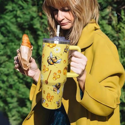 40oz Bee Tumbler With Handle Lid and Straw -Bee gifts for women Bee Travel Coffee Cup-Bee Gifts For Bee Lover-Bee Mugs
