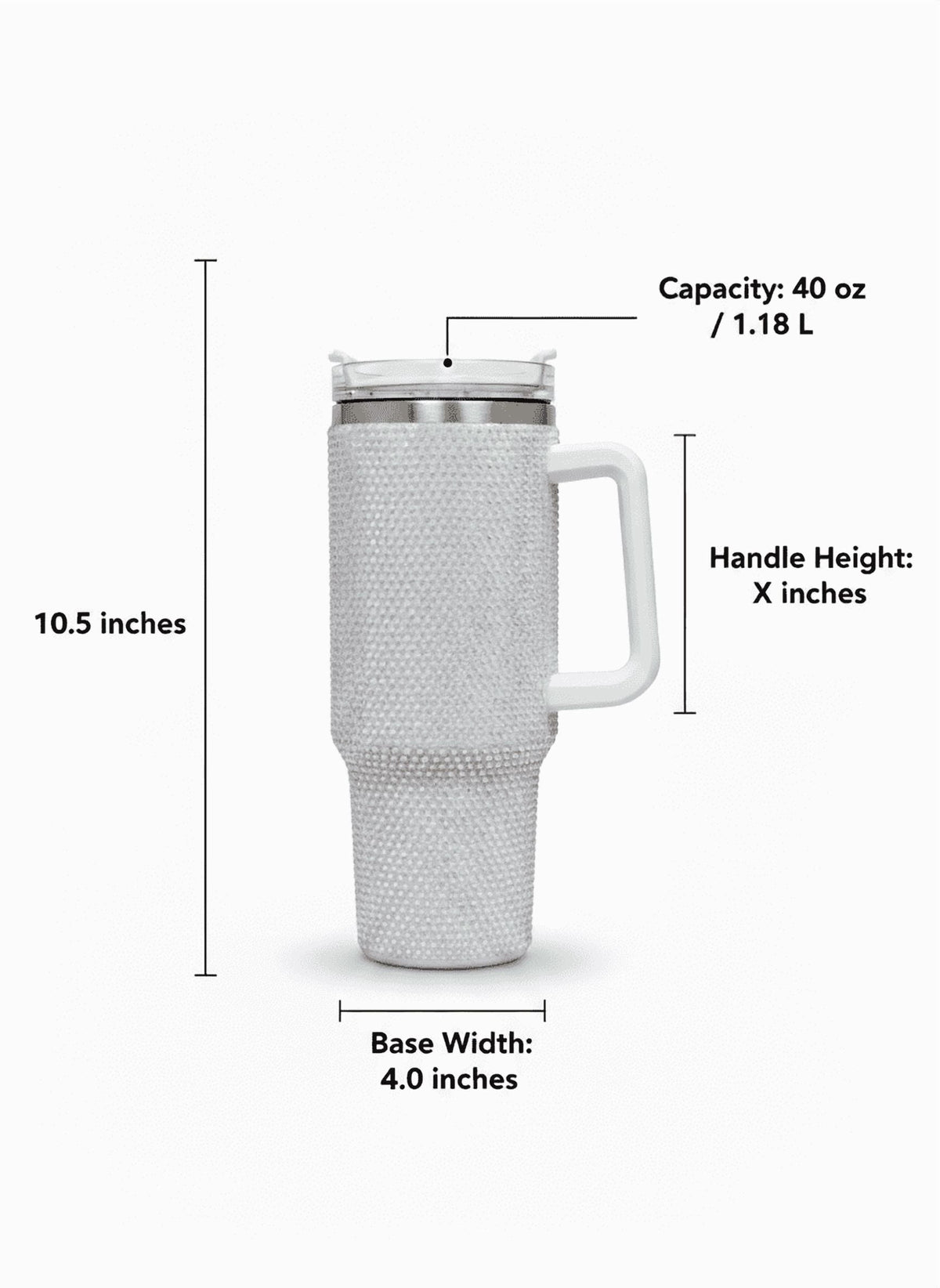 Thirstee 40 oz Rhinestone Tumbler with Handle and Metal Straw Lid, White Bling Insulated Travel Mug