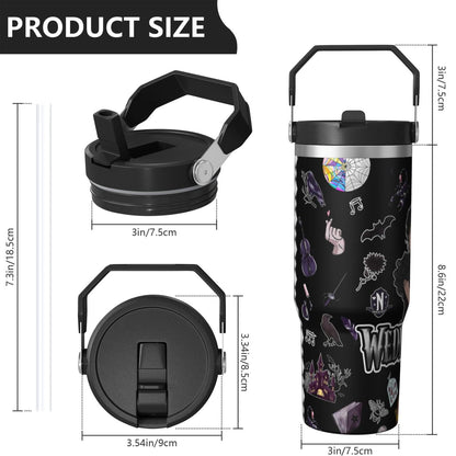 30oz Wednesday Girl Stainless Steel Tumbler with Lid and Straw,Wednesday Stuff Merchandise Spill Proof Travel Cup Double Wall Vacuum Insulated Coffee Mug with Top Handle Black
