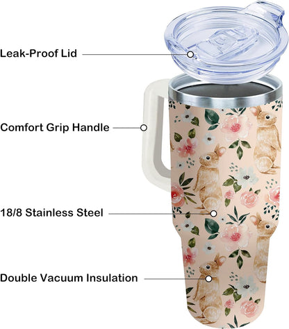 40oz Easter Bunny Tumbler with Handle and Straw, Rabbit Stainless Steel Travel Mug Water Bottle, Vacuum Insulated Cup, Gifts for Women Bunny Lovers