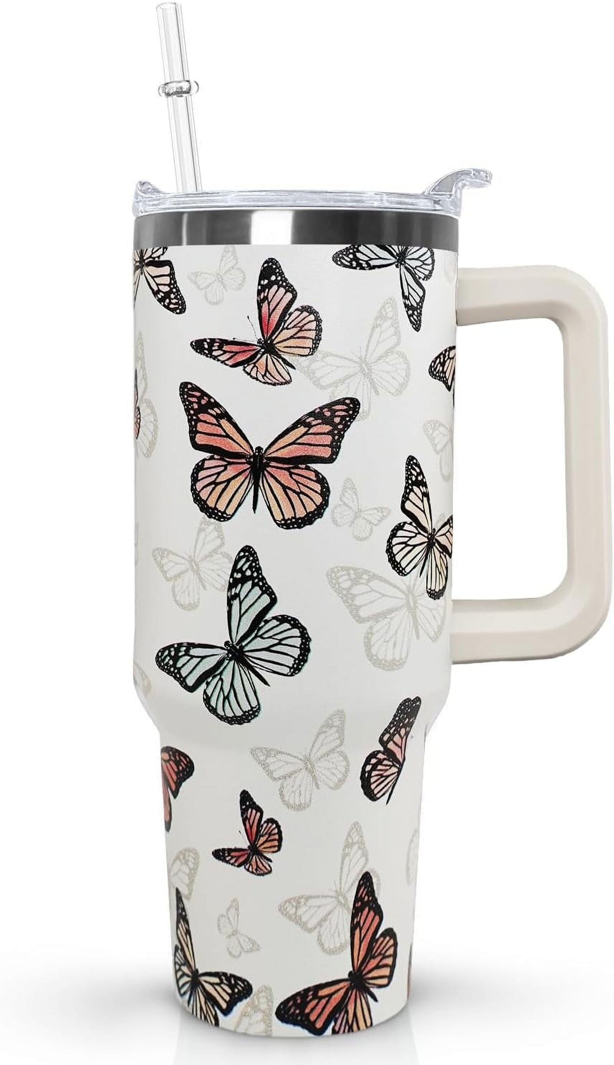 Butterfly Tumbler With Handle, Lid and Straw - 40 Oz Water Bottle, Travel Coffee Cup Mug - Gifts for Women, Mom, Daughter, Girlfriend, Teenage Girls, Bridesmaid