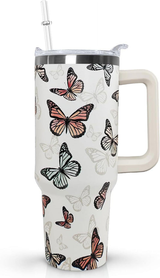 Butterfly Tumbler With Handle, Lid and Straw - 40 Oz Water Bottle, Travel Coffee Cup Mug - Gifts for Women, Mom, Daughter, Girlfriend, Teenage Girls, Bridesmaid